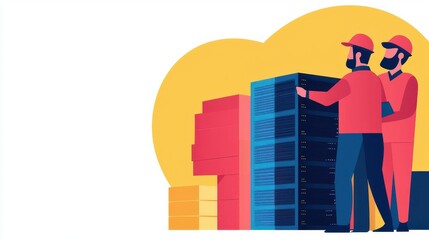 Workers in a factory assembling computer servers, with an emphasis on connectivity and modern technology, server assembly, tech infrastructure