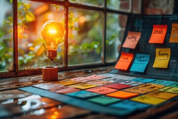 Illuminated Lightbulb and Sticky Notes on a Desk