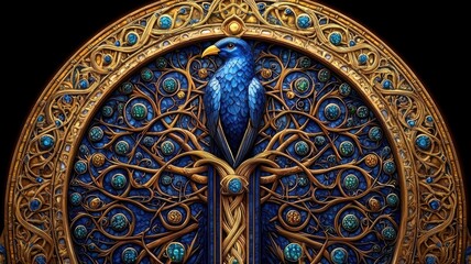 A majestic blue bird surrounded by intricate golden tree patterns, showcasing elegance and artistic craftsmanship.