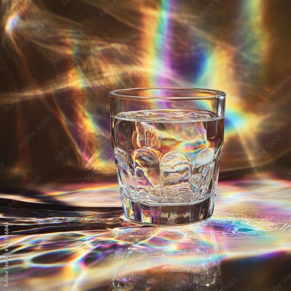 Poster a captivating image showcasing a glass filled with water reflecting a spectrum of colorful lights, c