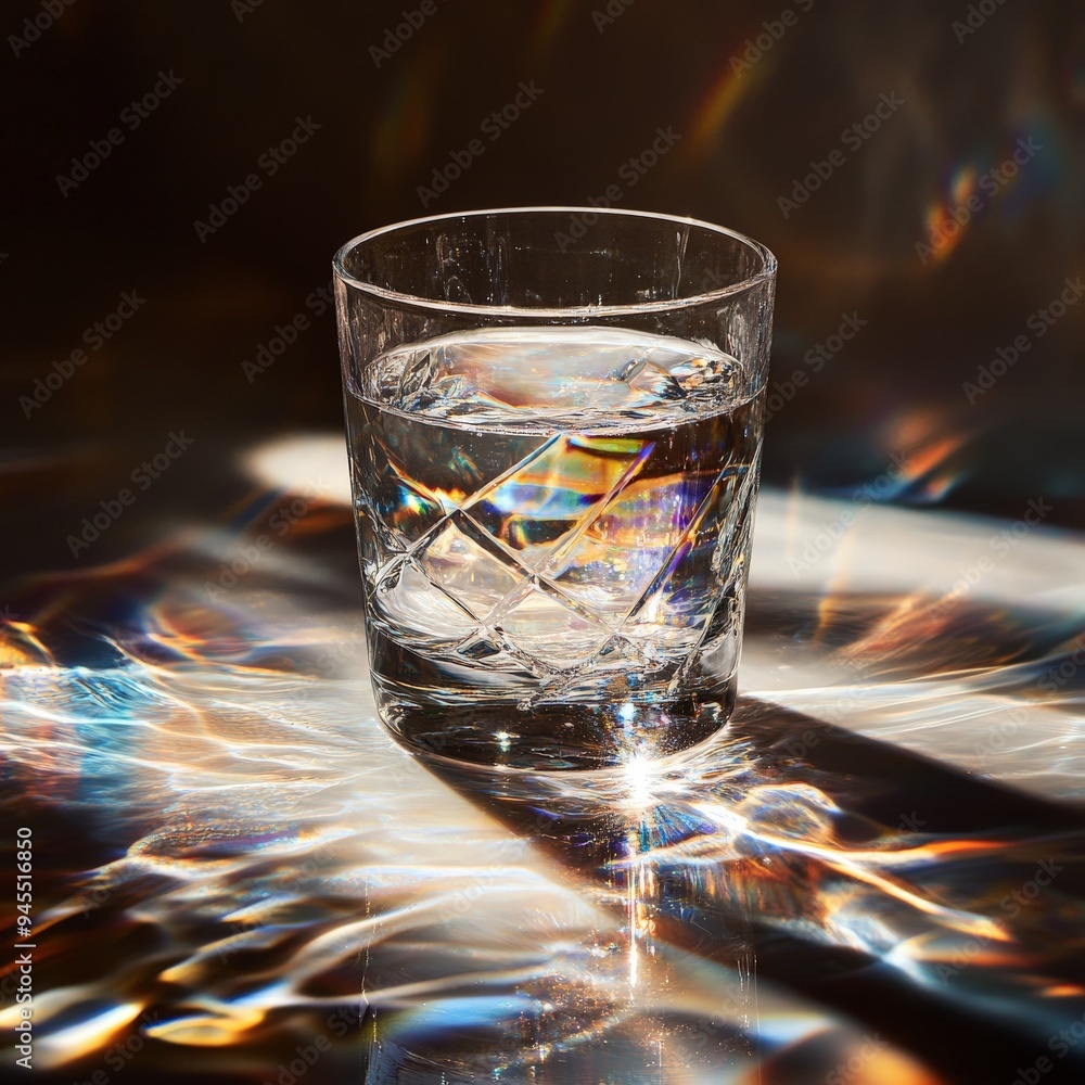 Poster the image depicts a glass of water on a surface where intricate reflections and prismatic light effe
