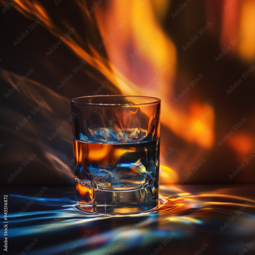 Poster a glass of water with vibrant, colorful light reflections and patterns creating a captivating visual