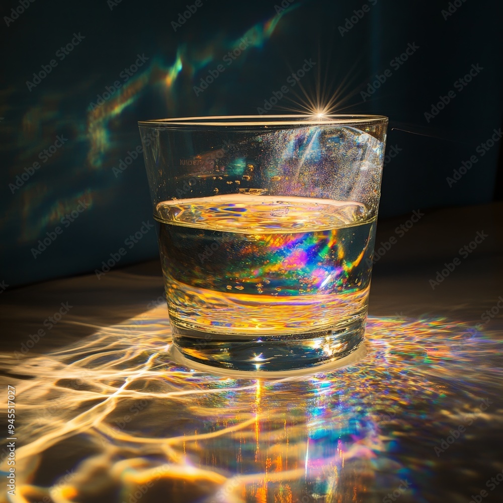 Poster A glass filled with water set against a backdrop of dynamic and colorful light reflections, creating an engaging visual spectacle with shimmering, fluidic patterns.