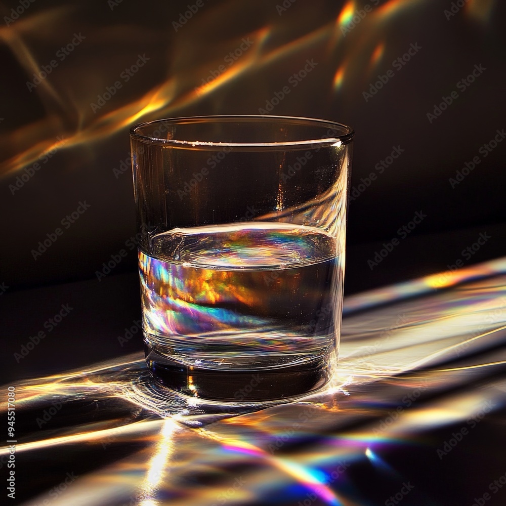 Poster a glass filled with water, capturing colorful prismatic light reflections on a surface under soothin