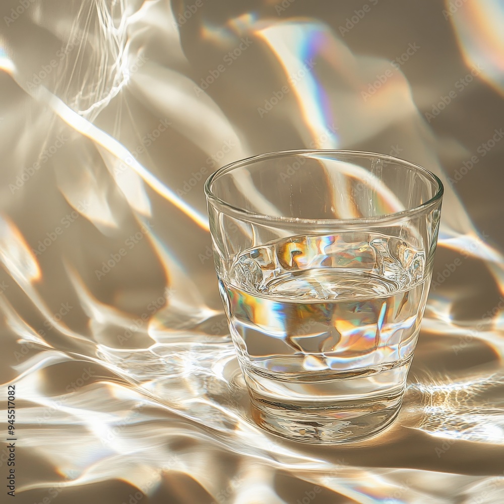 Poster A glass of crystal-clear water displaying ambient light effects, creating a calming and mesmerizing interplay of colors and luminescence against a clear background.