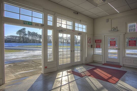 Interior view of a building with glass doors and windows overlooking a snowy landscape