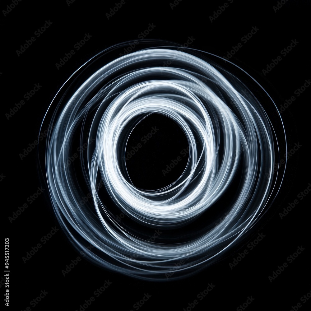Poster An abstract artistic image showcasing spiraling white light trails on a dark background, representing motion and energy in a visually striking pattern.