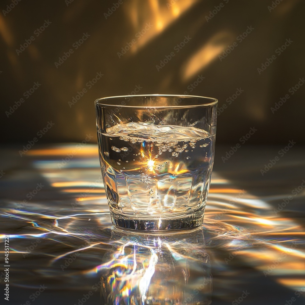 Poster An entrancing image of a glass filled with water, casting captivating golden light reflections and creating a calming visual delight on the surface.