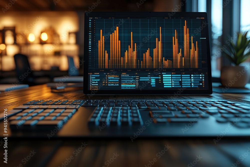 Poster laptop screen displaying financial data with orange bar graph
