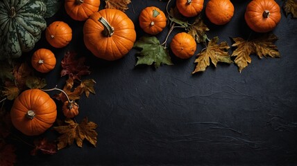 Image of numerous pumpkins and autumn leaves arranged aesthetically on a dark surface, representing the fall season.