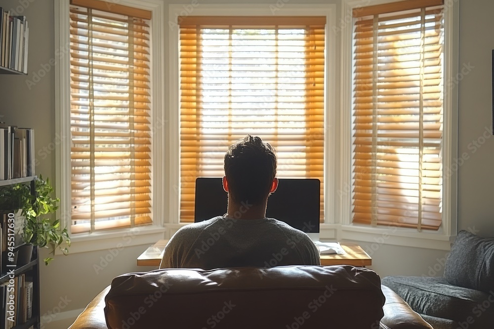 Poster man sitting in a chair in front of a window with blinds