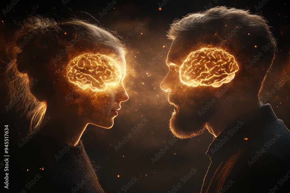 Poster couple with illuminated brains facing each other in dark setting representing deep emotional and int