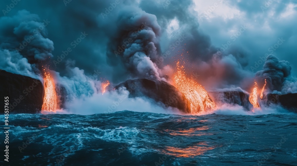 Poster an awe-inspiring scene of powerful lava flows pouring into the ocean amid dramatic clouds of steam a