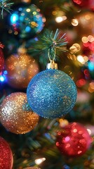 Close-up of colorful Christmas ornaments hanging on a decorated tree with sparkling lights in the background