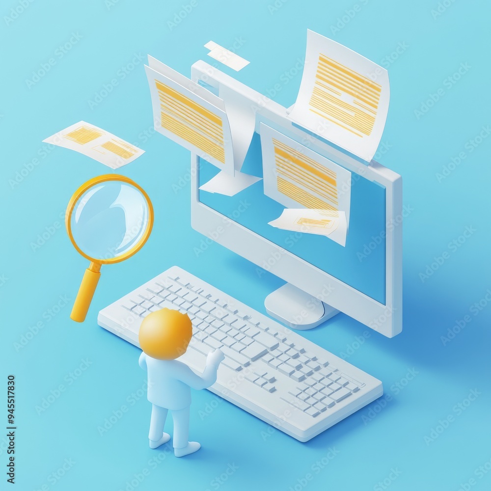 Poster 3d illustration with a blue background of a male guy qadir taking a folder from the archive shelf, m