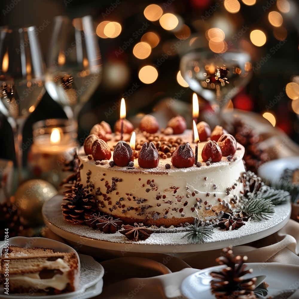 Poster new year background, a new year cake on the table. generative ai.