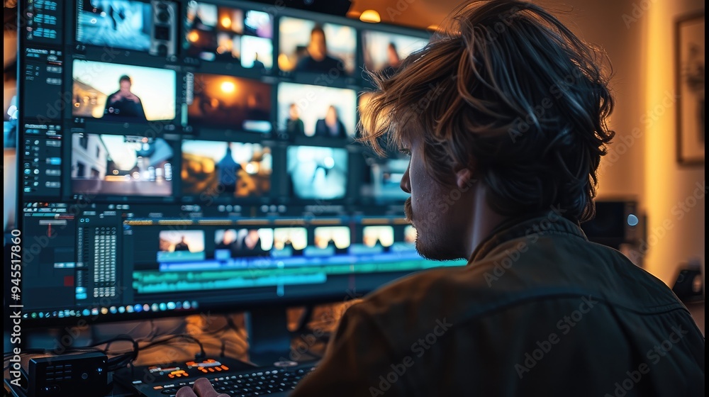 Poster a person tv editing, broadcast switching on a computer. generative ai.