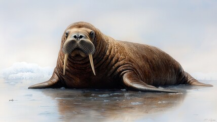 A serene walrus rests on a calm shore, showcasing its distinct tusks and thick skin against a soft, dreamy background.
