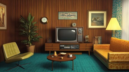 Vintage Living Room with Retro Decor and Old Television for Nostalgic Vibes in Stock Photography