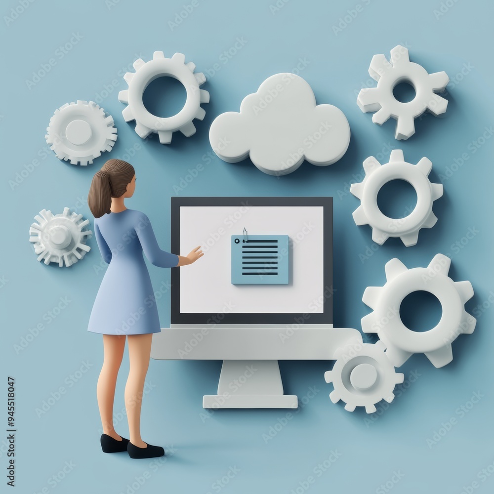 Poster modern flat design of cloud computing concept with european businesswoman ellen accessing cloud stor