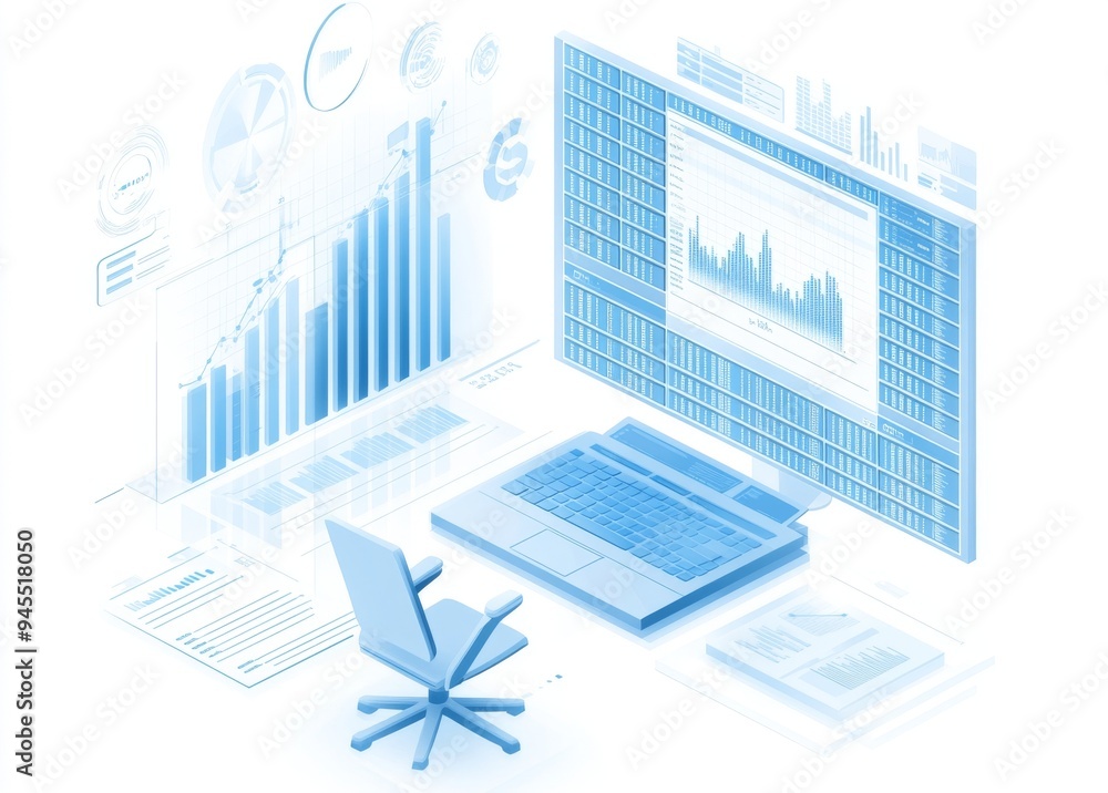 Poster data analytics set. a 3d illustration depicts ellen analyzing large amounts of data and recognizing 