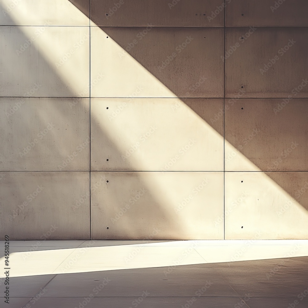 Poster an image displaying a concrete wall with precise, geometric lines illuminated by natural light casti