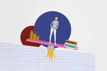 Composite photo collage of happy girl stand comparison scales coin income notepad supplies time clock isolated on painted background