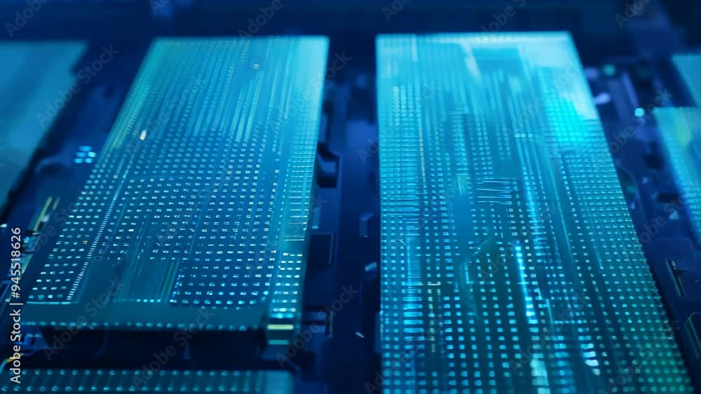 Poster close-up view of illuminated computer circuit boards in a modern tech environment