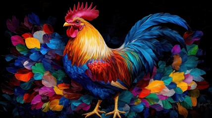 Fototapeta premium A vibrant and colorful rooster stands proudly against a backdrop of radiant floral patterns, showcasing nature's beauty and artistry.