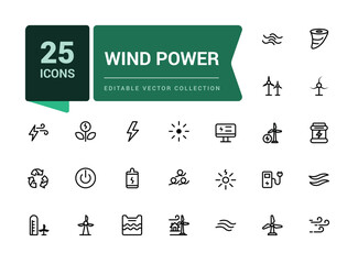 Wind turbine and power related icons. Pixel perfect, minimalistic web and UI icon. Outline icon collections. Editable vector illustration.