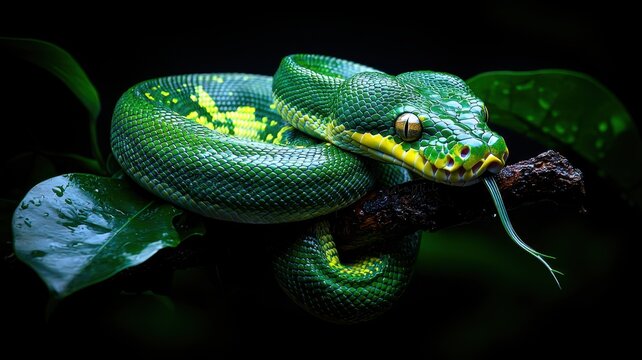 A vibrant green python resting on a branch, showcasing its stunning scales in a dark, lush environment.