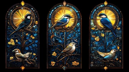 Obraz premium Beautiful stained glass artwork featuring vibrant birds and floral designs, perfect for nature and art enthusiasts.