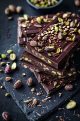 Delicious dark chocolate bars topped with crunchy pistachios on a slate board, perfect for a gourmet treat or dessert offering