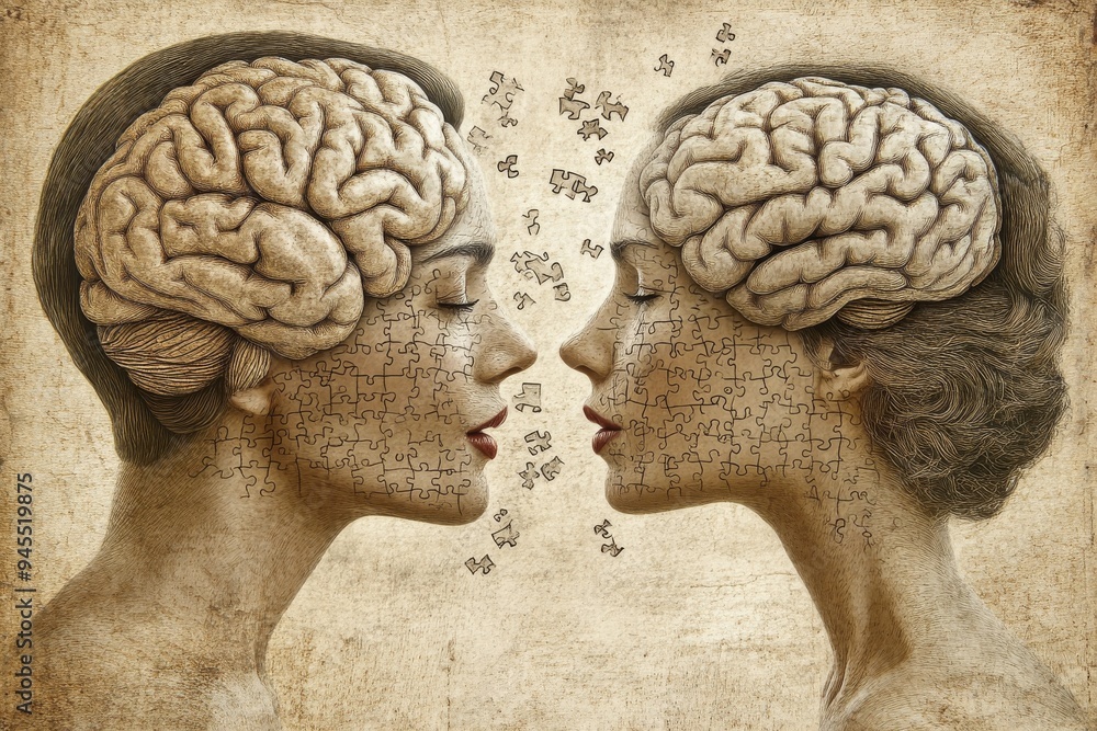 Poster vintage illustration of two human figures with exposed brains facing each other symbolizing cognitiv
