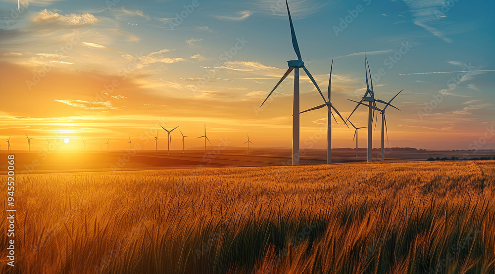 Poster Wind Turbines, Large turbines in open fields at sunrise. Generative AI.