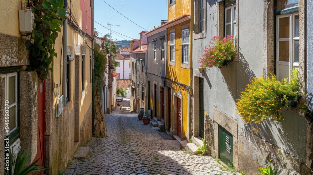Poster a narrow cobblestone street lined with colorful buildings, perfect for use in travel or architecture
