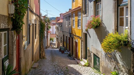 Obraz premium A narrow cobblestone street lined with colorful buildings, perfect for use in travel or architecture stock photos