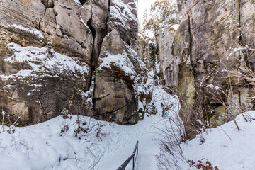 Winter view of snow covered Hruba skala rocks in Cesky raj (Czech Paradise) region, Czech Republic