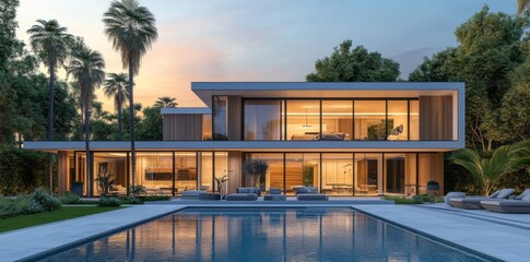 Fototapeta premium 3D rendering of a modern luxury house with a swimming pool and outdoor furniture in the front.