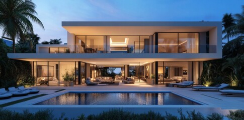 Obraz premium 3D rendering of a modern luxury house with a swimming pool and outdoor furniture in the front.