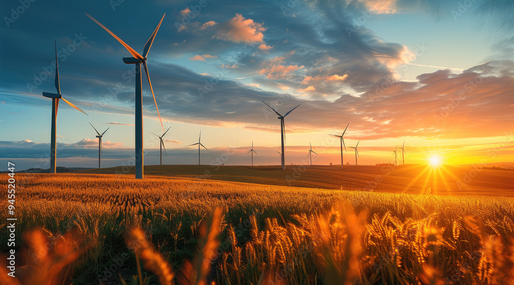 Poster wind turbines, large turbines in open fields at sunrise. generative ai.