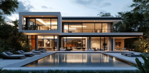 Obraz premium 3D rendering of a modern luxury house with a swimming pool and outdoor furniture in the front.