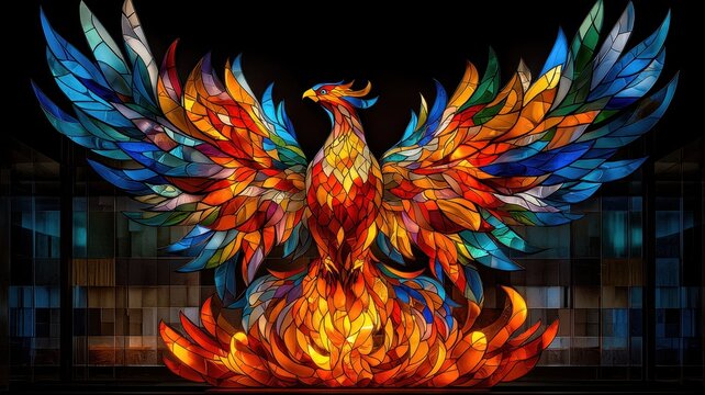 Vibrant stained glass phoenix with colorful wings, symbolizing rebirth and transformation in breathtaking detail.