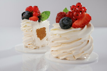 Product of professional baking. Seasonal delicious tart against white background