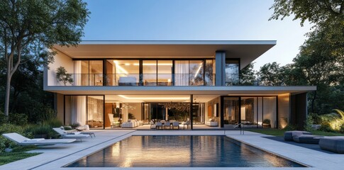 Fototapeta premium 3D rendering of a modern luxury house with a swimming pool and outdoor furniture in the front.
