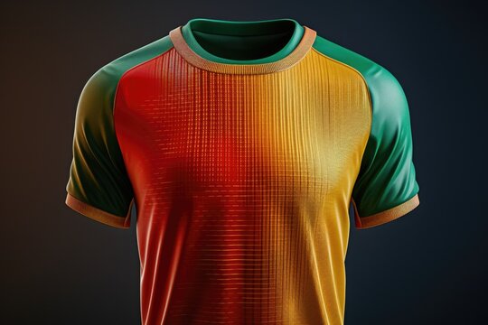 A colorful soccer jersey with a vibrant red, yellow, and green design - Powered by Adobe