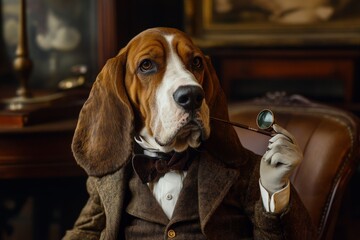 A charming and detailed illustration of a dog dressed as a Victorian-era detective smoking a pipe, set in an antique room evoking a sense of mystery and elegance.