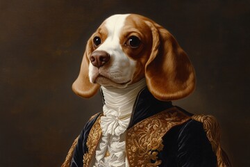A sophisticated beagle dog dressed in elaborate historical attire, complete with a black coat and detailed accessories, captured in a classical painting style.