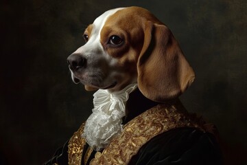A beagle dog dressed in aristocratic costume, meticulously detailed with a gold embroidered coat and white ruffled collar, set against a dark and classic background.