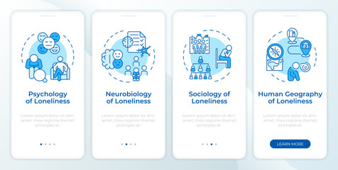 Loneliness research blue onboarding mobile app screen. Walkthrough 4 steps editable graphic instructions with linear concepts. UI, UX, GUI template. Montserrat SemiBold, Regular fonts used